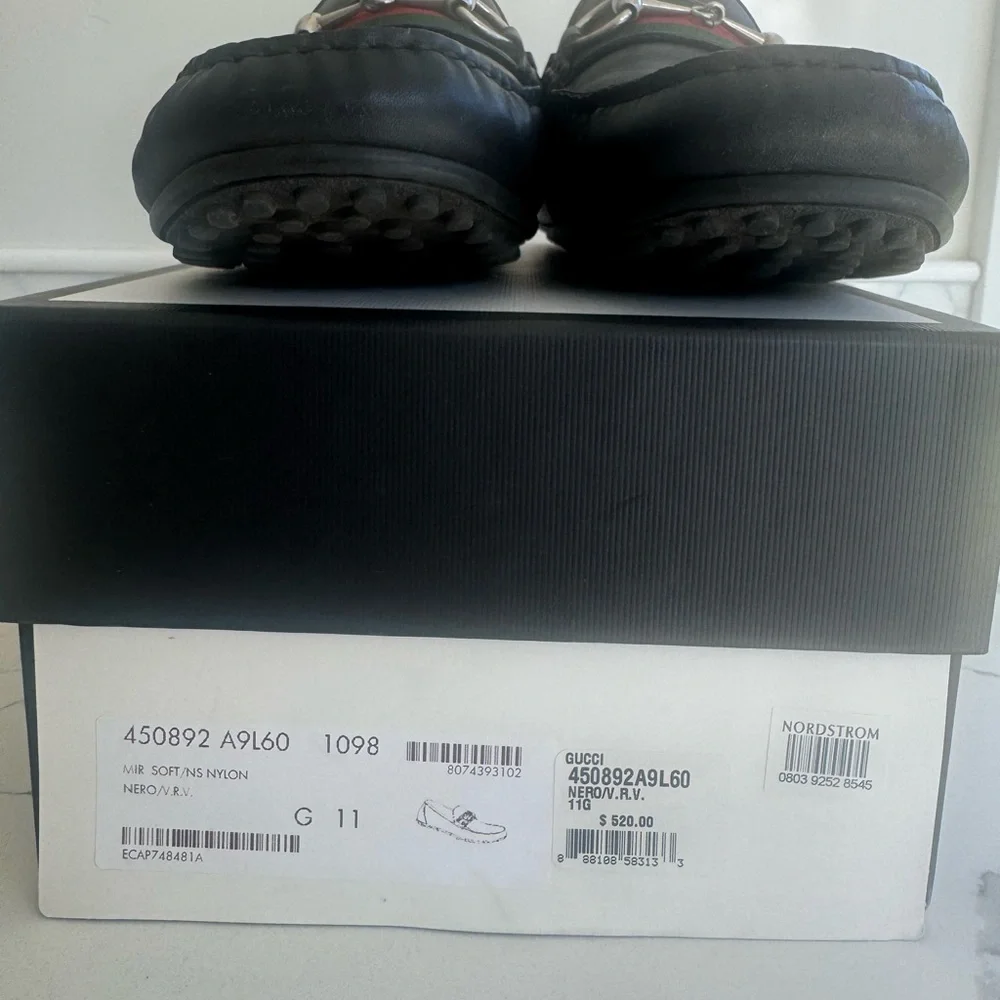Gucci Black Leather Loafers with Red and Green Web and Silver Horsebit